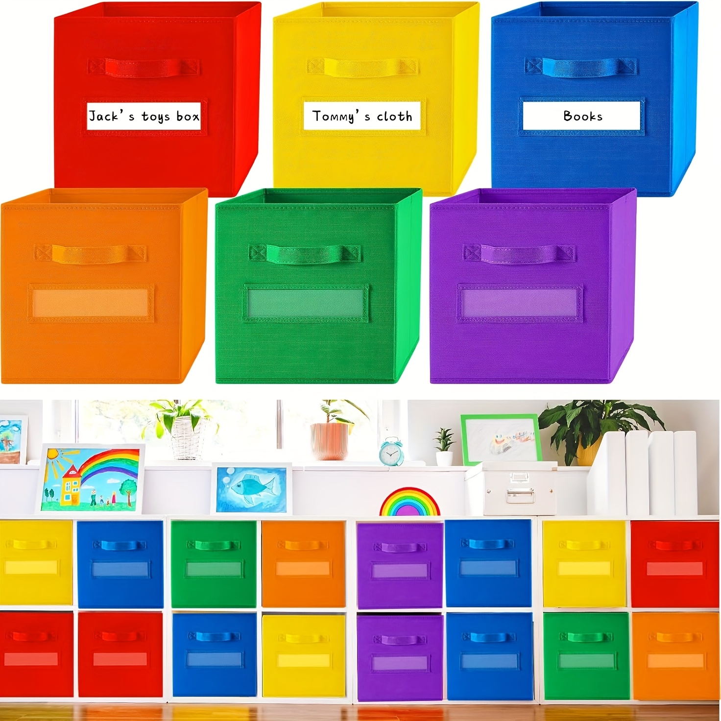 item picture 18pcs pastel  ow fabric cube sto ge bin   window handle 11in square basket suitable for xmas ornaments multi organizing bin bright colors   ornament sto ge