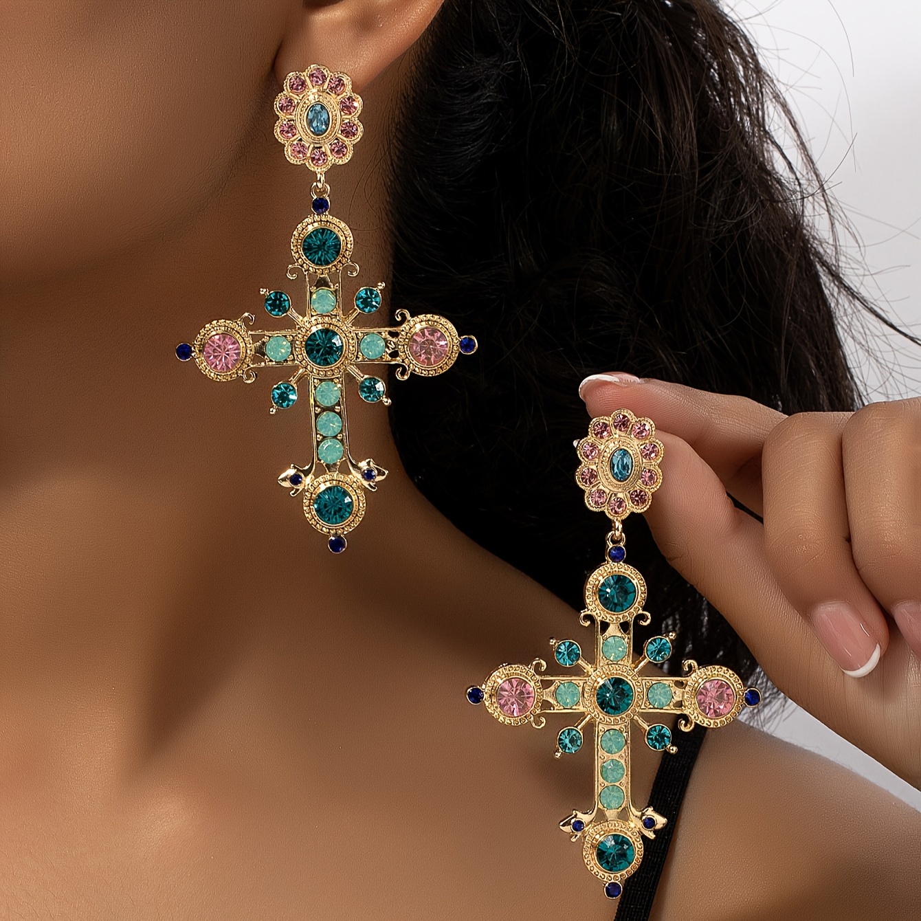 Fashionable, Exaggerated, Luxurious Cross-shaped Earrings