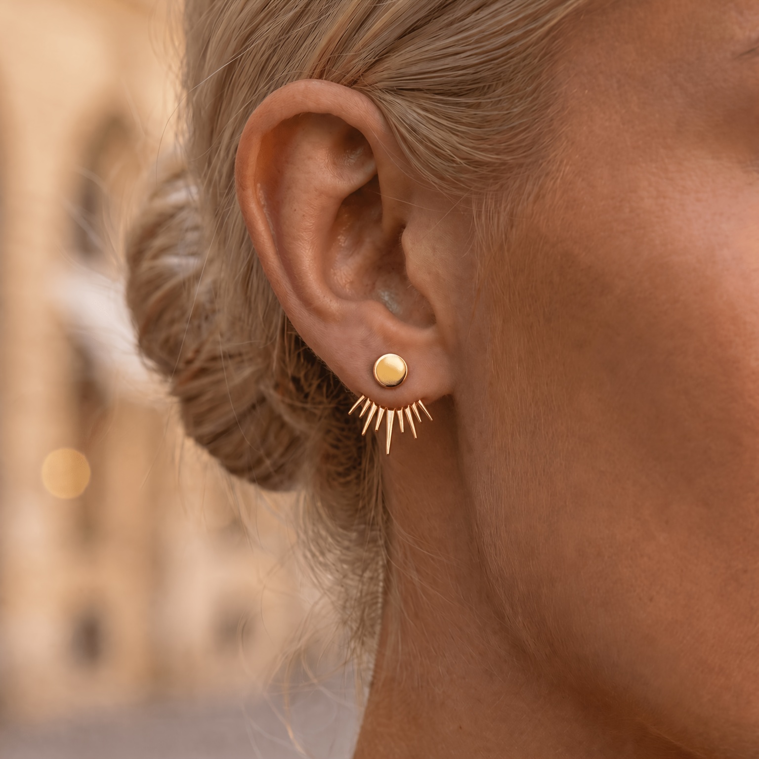TEMU 1 Paire de Boucles d'Oreilles à Épingle Rayonnante Soleil Dorées, Boucles d'Oreilles à Clous à Empilage avec Rond Double Couche, Bijoux de Mode