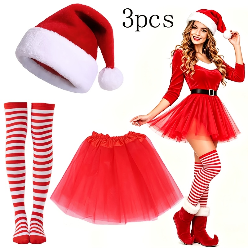 TEMU 3pcs Women's Complete Christmas Elf Costume Suitable For Parties, Performances & Photo Shoots - Striped Stockings, Tutu Skirt & Hat With
