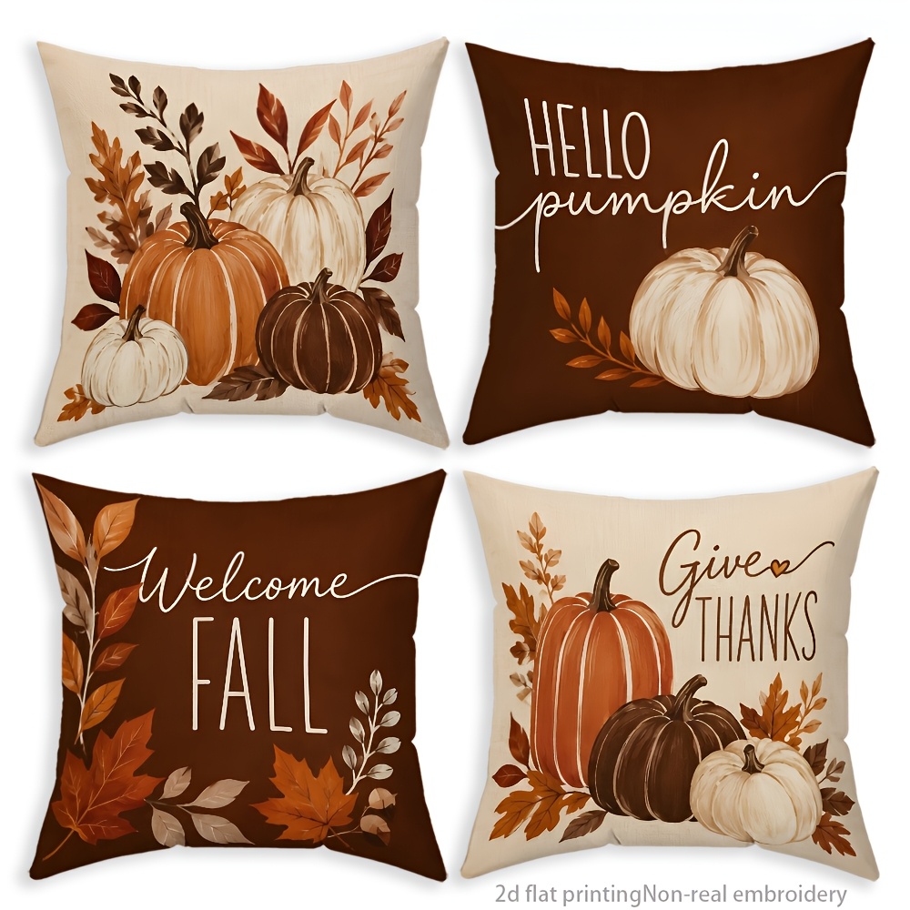 TEMU Set mit 4 dekorativen Kissenbezügen im Herbst-Stil, dunkelbraun mit Kürbis-Motiv, Kissenbezüge mit Vintage-Aquarell-Muster aus Ahornblättern