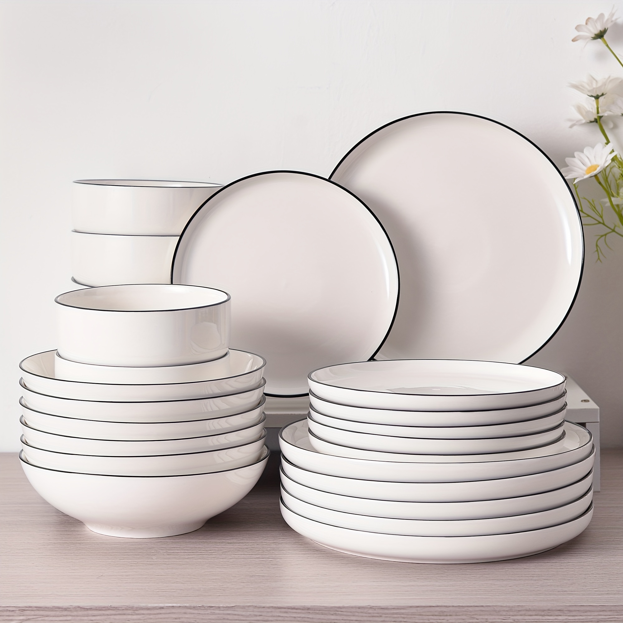 TEMU Service de table en porcelaine 24 pièces blanc avec bord noir pour 6 personnes