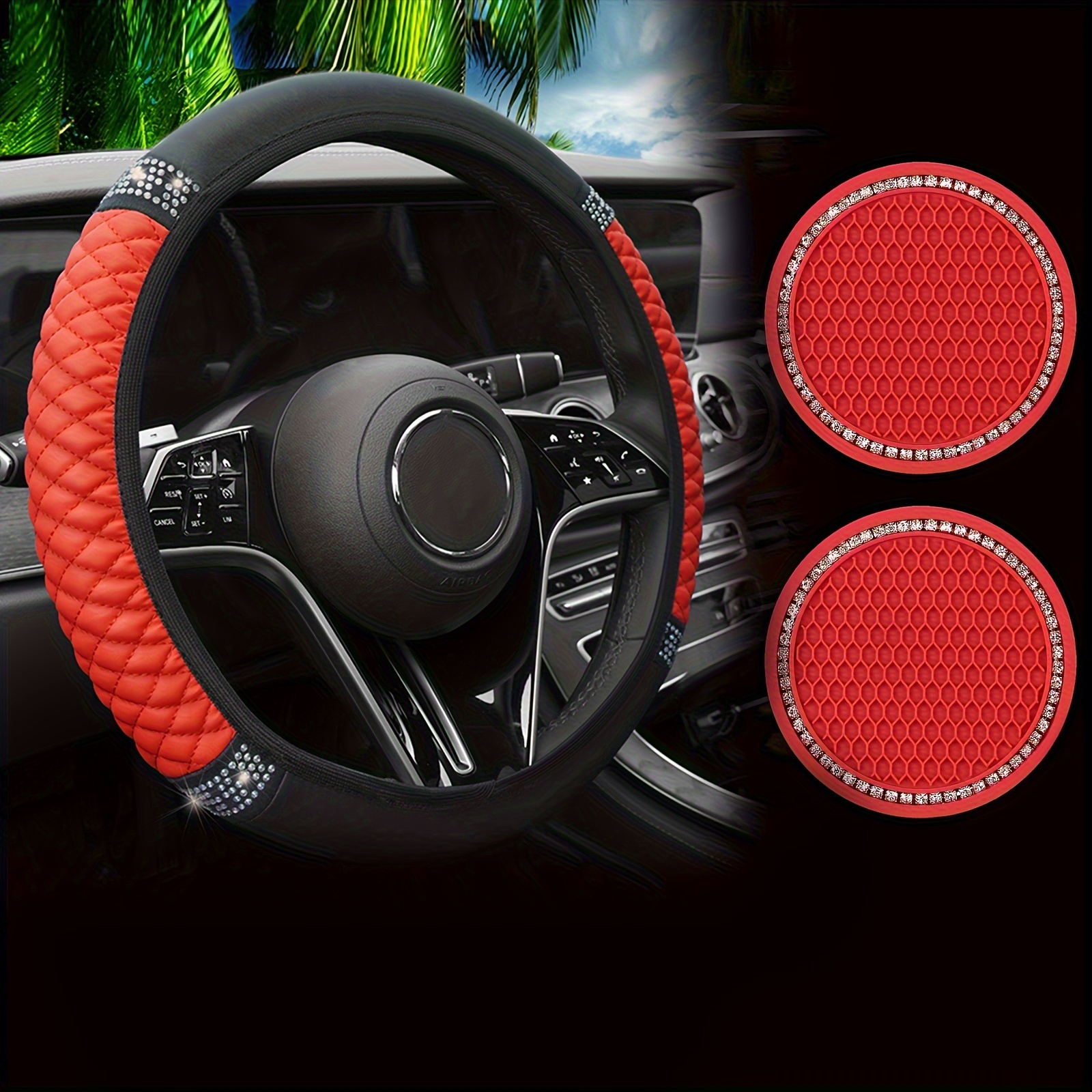 

Goburnhot 3-piece Bling Car Accessories Set - Universal Fit Shining Pu Leather Steering Wheel Cover With Diamond Pattern, Sparkling Cup Holders, Interior Upgrade For Most Vehicles