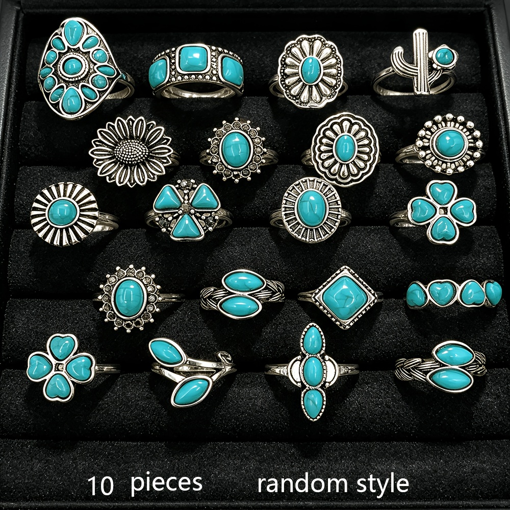 TEMU 10pcs Bagues Femmes Bohèmes Élégantes Vintage Aléatoires Cactus Fleur Multi-Set Bande Fête Vacances Vêtement Doigts Ajouts Bijoux de Mode Cadeau