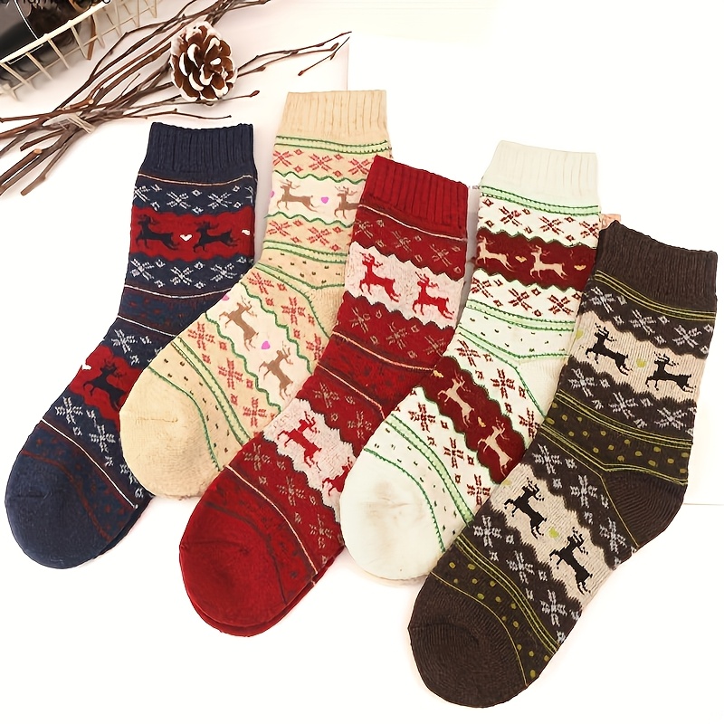 TEMU 5-pair Women's Thickened Socks - Thermal , - Mid-calf/crew Length (fits ), Reinforced For Durability, Machine Washable - Ideal For, Weather &