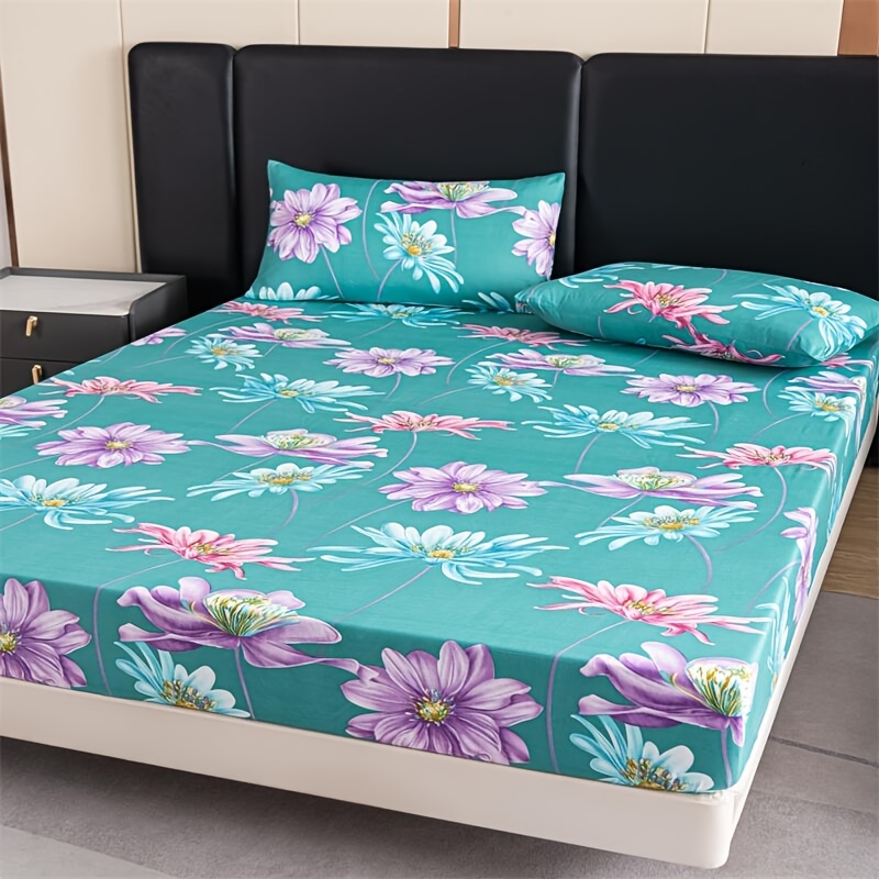 

3pcs Polyester Printed Fitted Sheet Set With Elastic, Floral Design, Includes 1 Fitted Sheet And 2 Pillowcases, Vibrant Home Bedroom Decor Without Filler