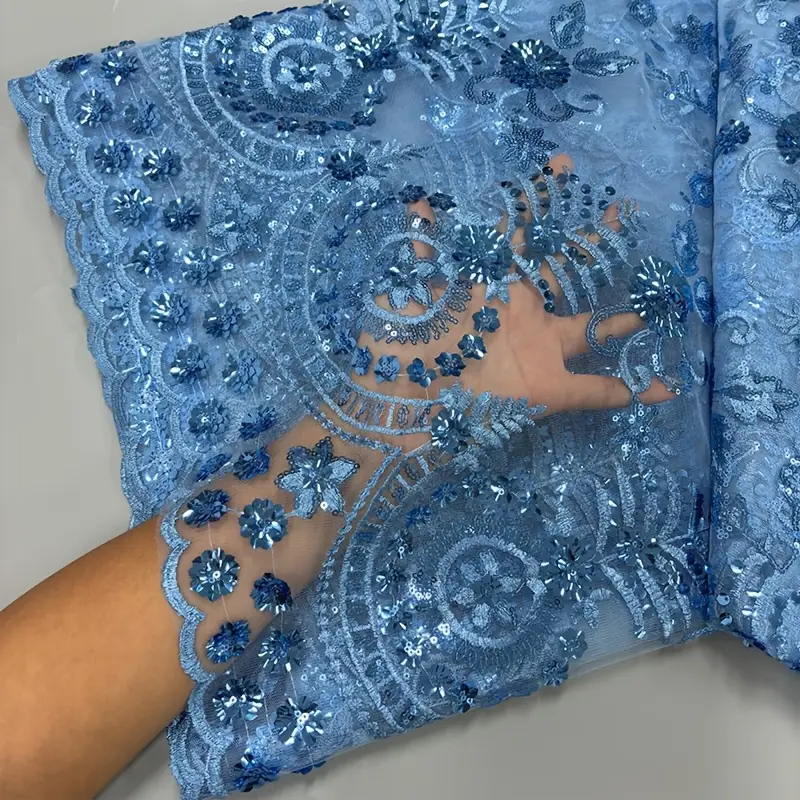 Tessuto di pizzo con paillettes pesanti blu, tessuto di tulle con Tessuto di pizzo con paillettes pesanti blu, tessuto di tulle con