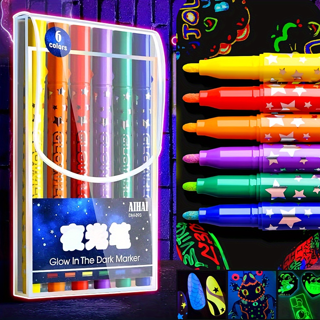 

6-pack Glow In The Dark Pens - Fluorescent, Non-toxic Highlighters For Art & Crafts, , Drawing - Ideal For Teens & Adults 14+