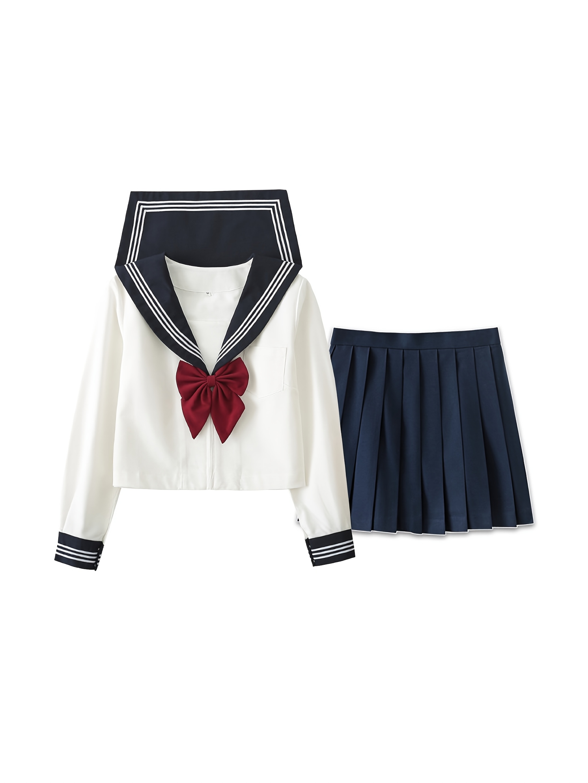 womens sailor style uniform with red bow white long sleeve top and navy skirt   cosplay   uniform outfit nautical theme ribbed detailing uniforms 0