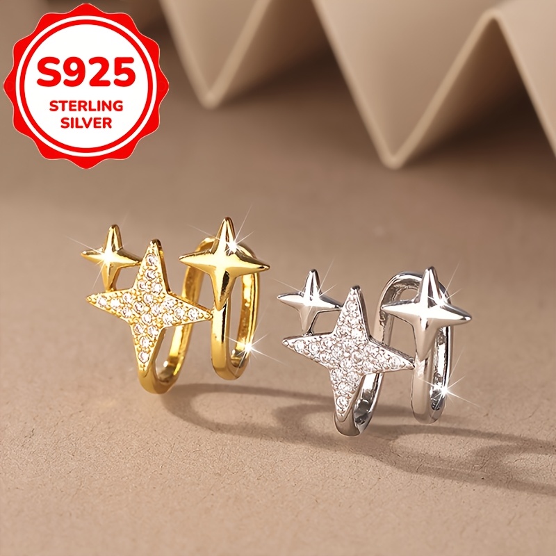 2pcs Women's S925 Sterling Silver Star Clip-On Stud Earrings