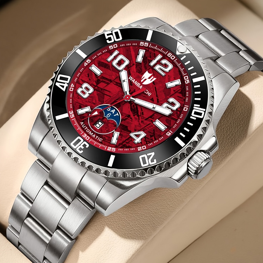 Wanbachi Men' Mechanical Watch, Stainless Steel Strap, Rotating Diver Bezel, Multicolor Dial, Phase Week Calendar Date Display, Sports Business Wristwatch, Without Battery