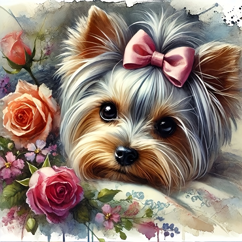 Image of 5d Painting Kit Diamond Painting Set - [frameless] A Yorkshire Terrier With Roses, A Valentine's Day Gift Handmade Gift, Home/office Decoration, Handmade Enthusiasts, Home Decoration Enthusiasts'