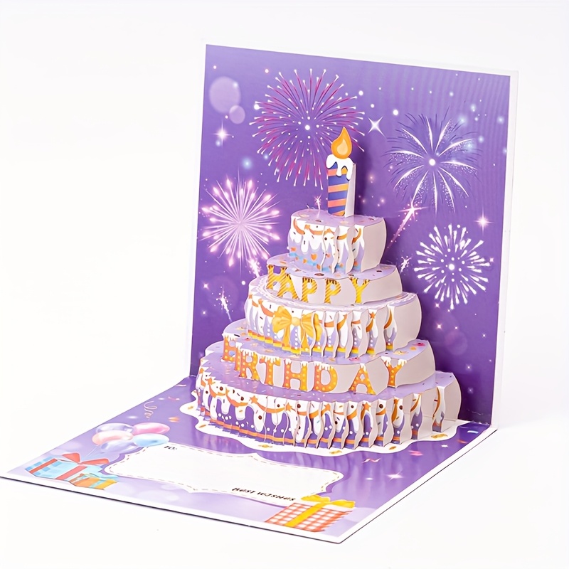 Image of 1pc Pop-up Pink Cake Firework Birthday Card, 3d Greeting Card Suitable For Anyone With Envelope