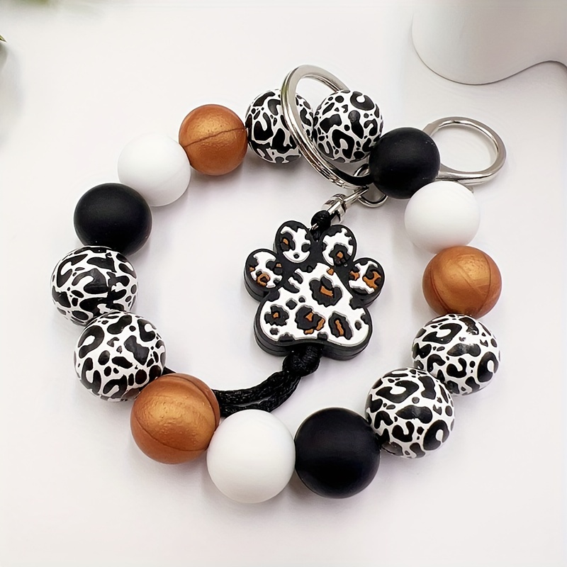 Bangle Key Ring Bracelet Key Chain Wristlet Keychain W Pom Leopard Snake  Black Brown Pink Cream Upgraded Gold Clasp Gift for Women 