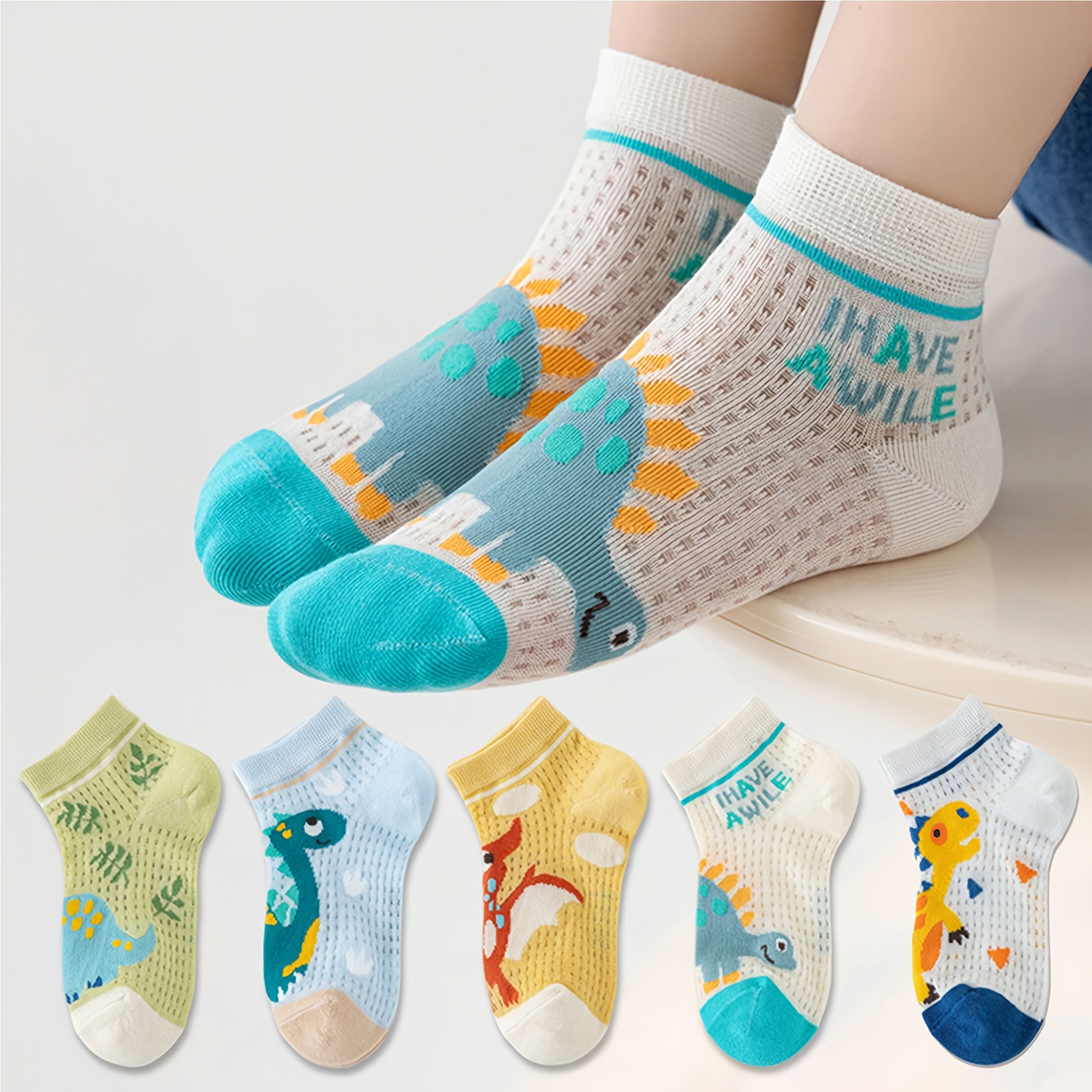 Image of 5-pair Boys' Dinosaur Socks - -season Breathable Mesh Thin Mid-calf With Green Dinosaur Print, Lightweight Suitable For, & Casual Attire, For Casual Footwear
