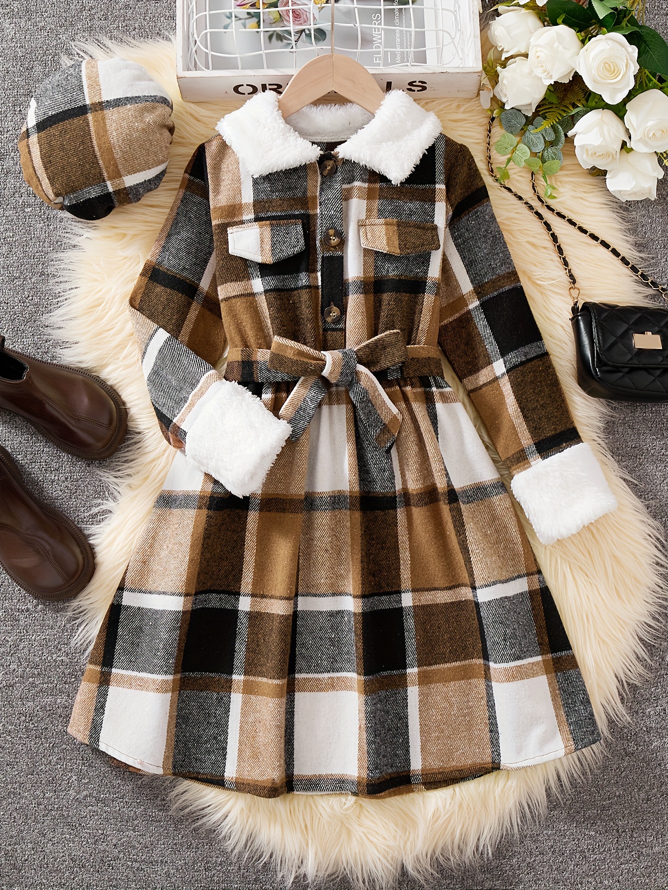 casual vintage two tone dress a collar hat set autumn - Temu