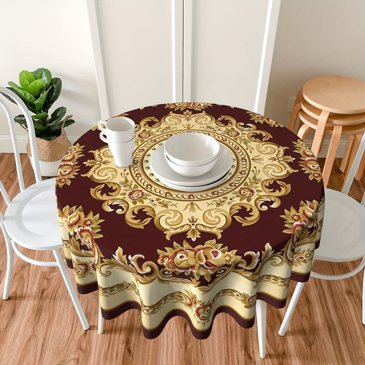 

Elegant Golden Floral Round Tablecloth - High-definition Print, Perfect For Indoor & Outdoor Dining Decor, 152cm