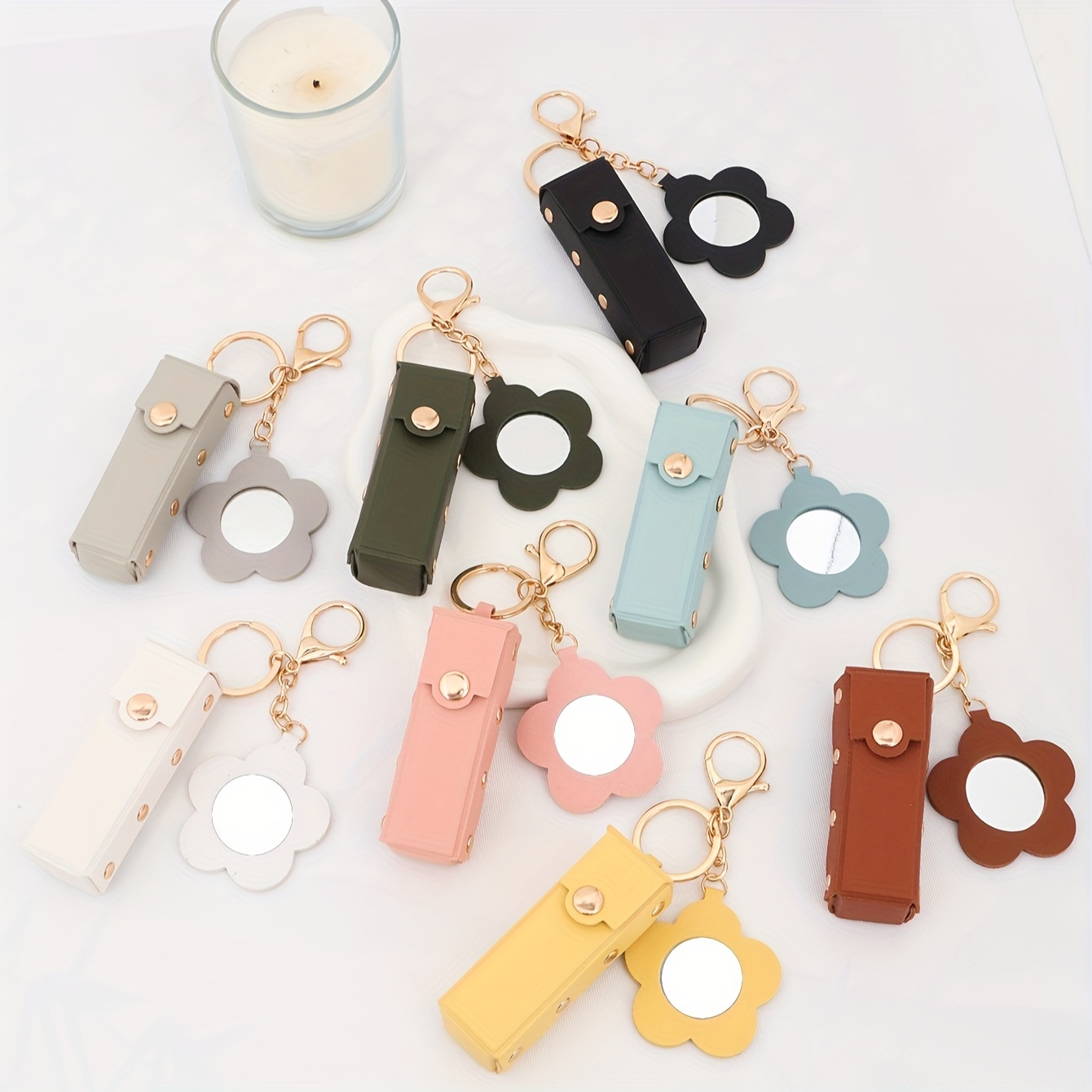 

1pc Design Sense Lipstick Keychain Bag Pendant Flower Pattern Mirror Pendant Keychain Bag Purse Hanging Supplies