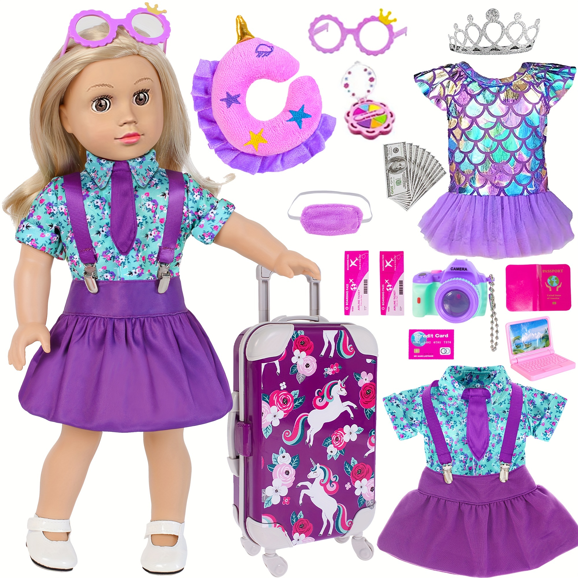 

25pcs 18 In Doll Clothes And Accessories Luggage Set Sunglasses No Doll