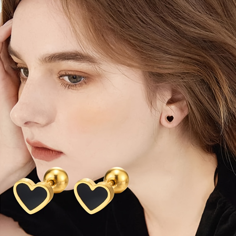 TEMU 2pcs Stainless Steel Black Heart-shaped Earrings - Easy And Elegant Style - Suitable For Women's Everyday Wear And Parties - Valentine's Day