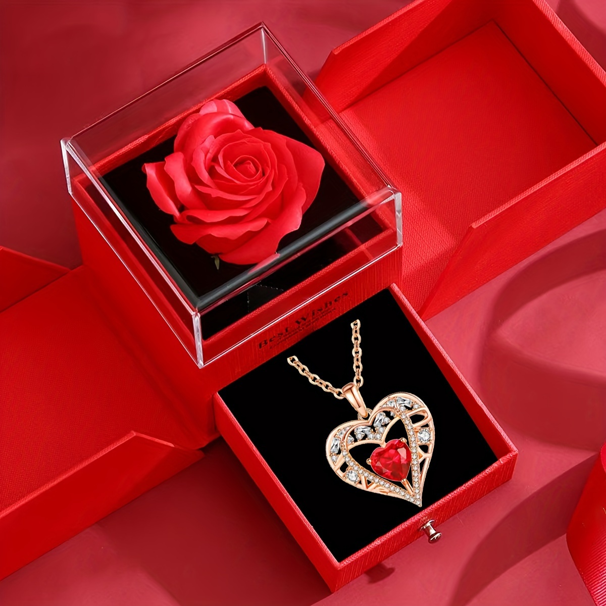 Heart Rose Pendant Necklace with CZ for Couples