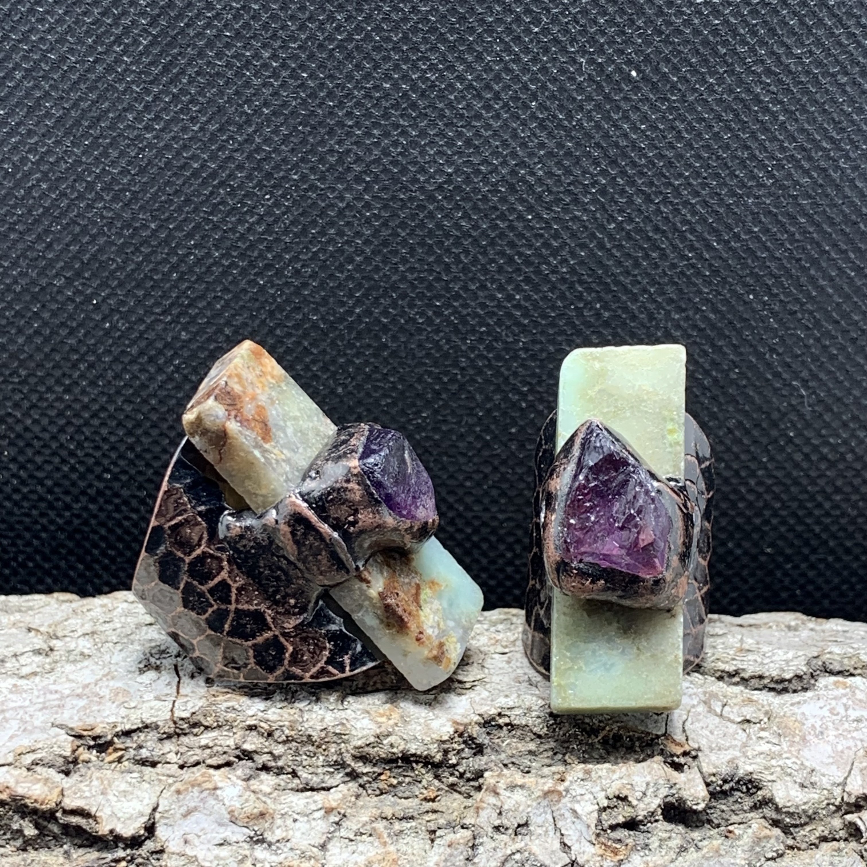 

Vintage-inspired Adjustable Ring With Natural Australian Jade & Amethyst - Handcrafted, Antique Bronze Finish, Perfect For Parties & Everyday Wear