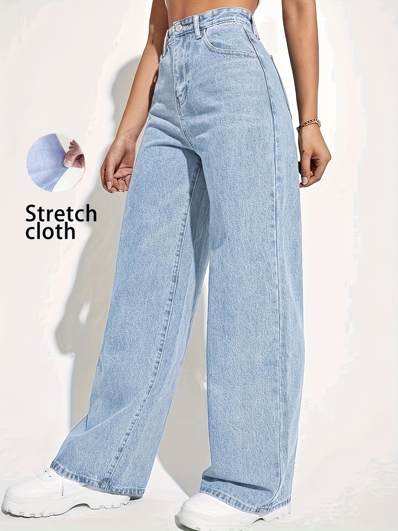 Women's Stretch Denim Straight-Leg Jeans - Light Blue Casual High-Waisted Washed Blue Comfort Fit for Casual Attire