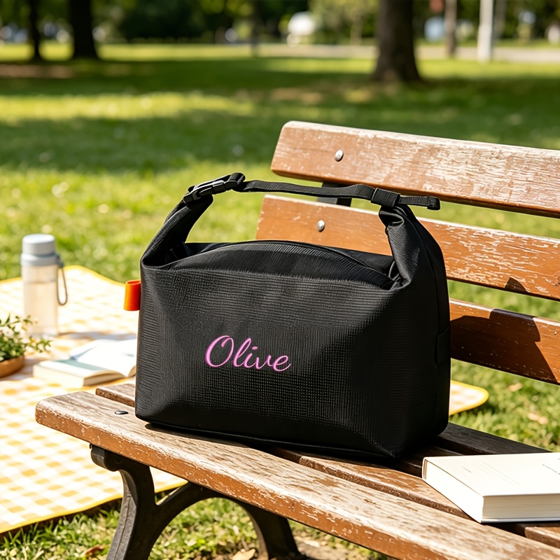 TEMU Custom Embroidered Solid Color Large Capacity Handbag, Insulated Lunch Bag, Outdoor Picnic, , Bento Bag, Easy Lunch Bag, Gift For Best Friend,