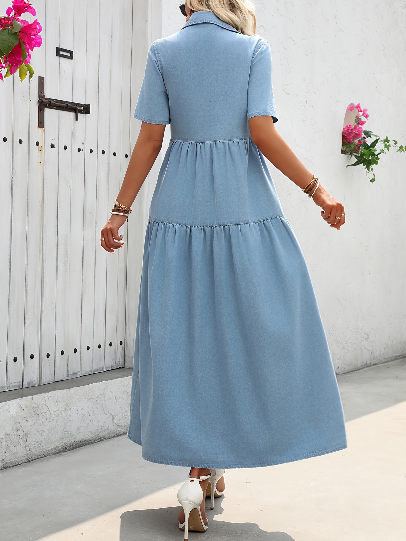 womens elegant short sleeve plain denim maxi dress with button front and flowy tiered skirt for casual summer fashion details 4