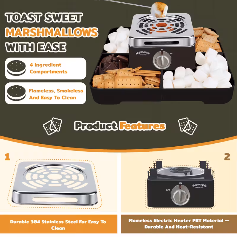 indoor maker electric s maker tabletop indoor marshmallow roaster table top with flamesless heater 4 serving trays 4 skewers for chocolate family peach color Product details 0