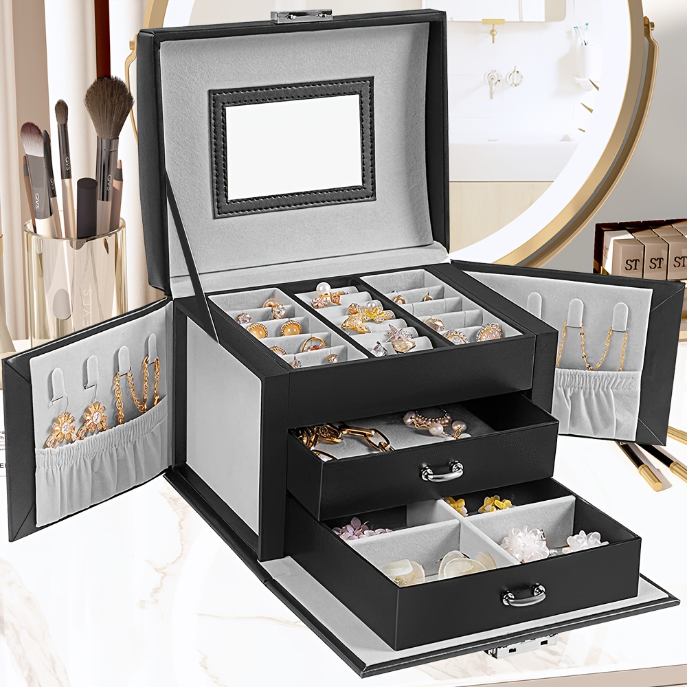 TEMU Luxury Pu Jewelry Box With Key & 3-tier Wire Pattern - 3-drawer Tabletop Suitable For Earrings, Rings, Necklaces, Bracelets, Watches Storage -