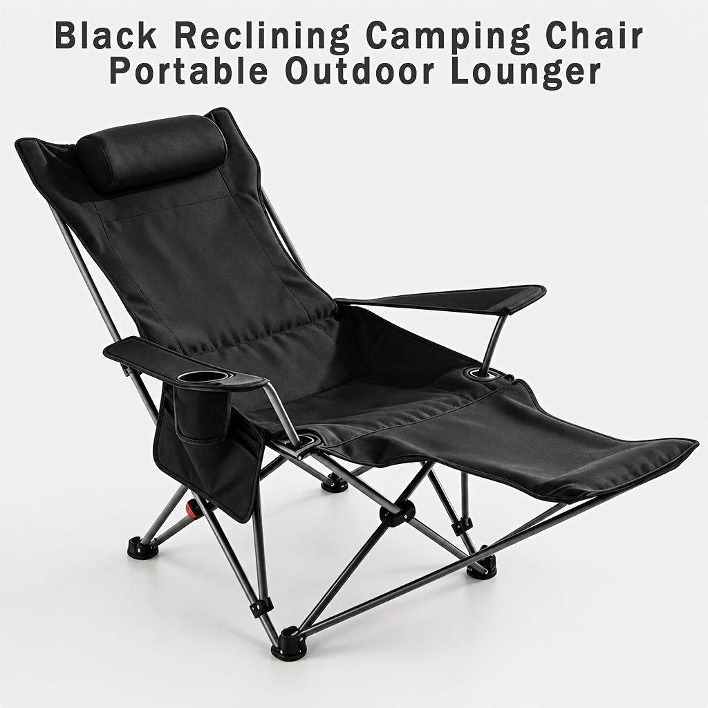 Image of Folding Reclining Camping Chair With Footrest And Headrest, Portable Outdoor Lounge Chair, Heavy Duty For Fishing, Beach, Festival, Patio