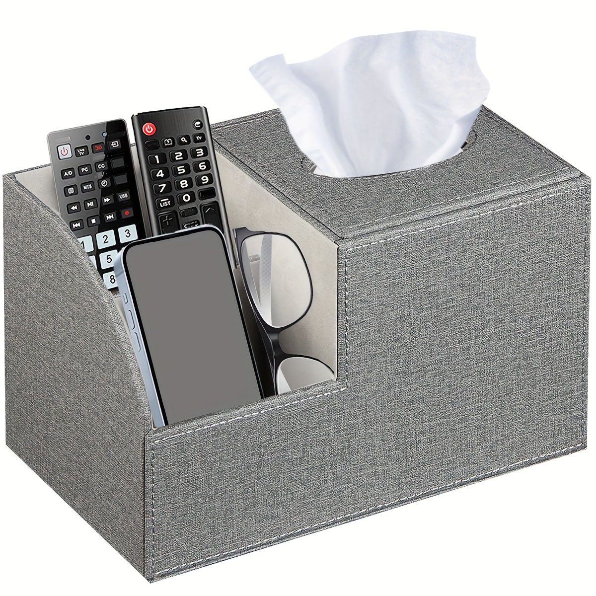 multifunctional square tissue box cover with remote control holder   leather decorative napkin tissue box holder remote caddy cube desktop organizer storage box for vanity toilet office bedroom living room and bathroom decorative accessory Product details 1