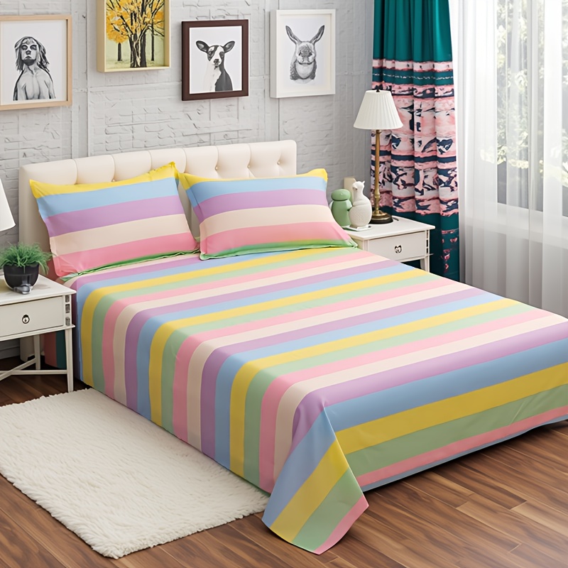 TEMU 1 pièce Drap de lit imprimé à rayures colorées, taie d'oreiller non incluse