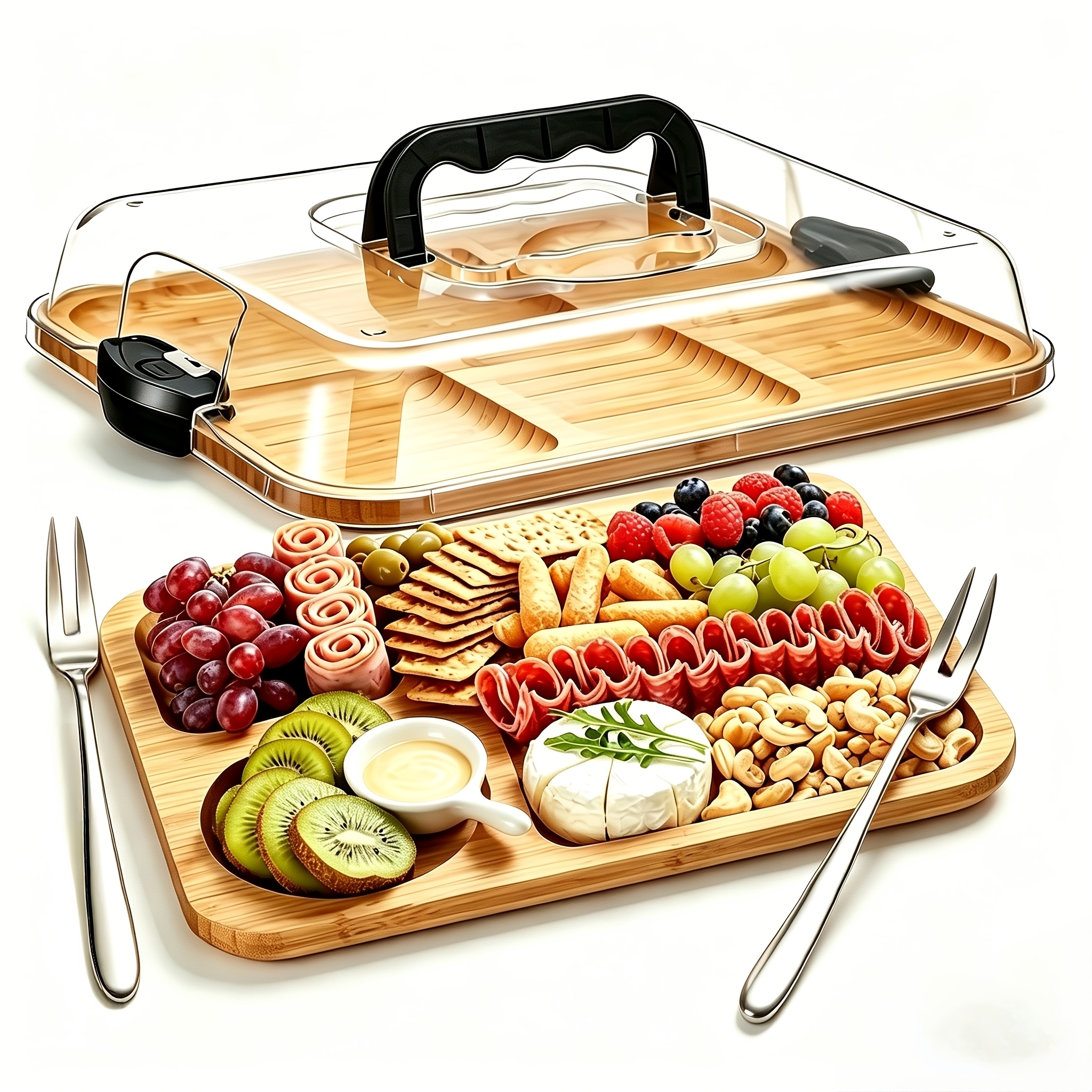 TEMU 2pcs (1pc Wooden Tray And 1pc Clear Lid) Portable Appetizer Platter For Camping, Parties, Restaurants | Holiday Appetizers, And Snack Service