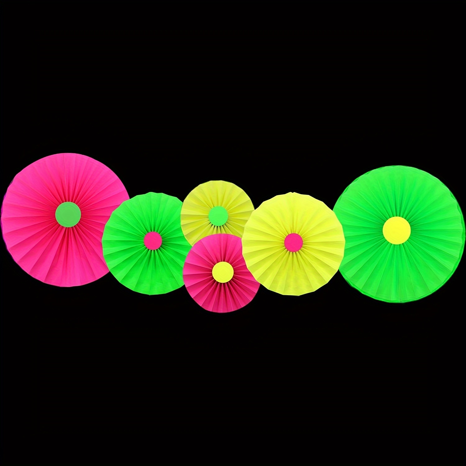 Image of 6pcs Glow In The Dark Neon Hanging Paper Fans - Uv/blacklight Reactive Fluorescent Party Decorations, Vibrant Colors For Weddings, Showers, Diwali & Bohemian Themed Events