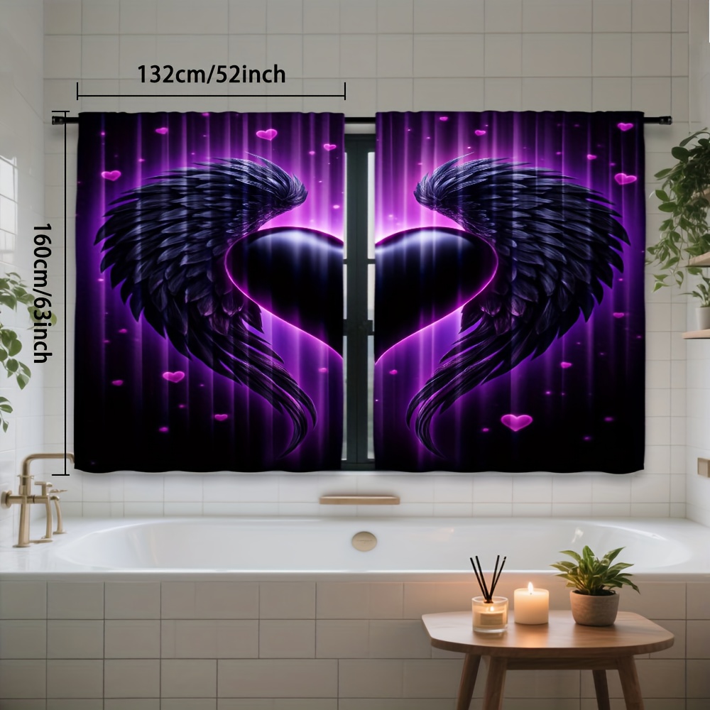 TEMU 2pcs, Purple Heart Winged Love For Art Print Curtains Rod Light Filtering For Bedroom Living Room Office, Perfect For Artistic And Festive Decor