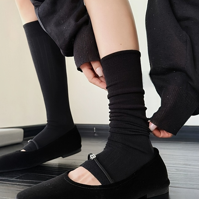 TEMU 1 Pair Women's Vertical Striped Ankle Socks, Autumn And Spring Gray Series Solid Color Striped High Density Knitted Long Socks, Korean Style