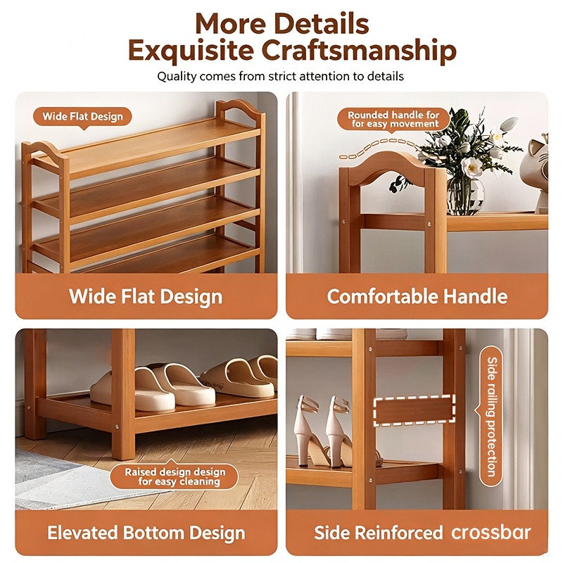 1pc premium natural bamboo multi tier freestanding entryway shoe storage rack extra wide decorative   shelf with smooth curved handrail frame open tiered classified footwear organizer for sneakers flats daily footwear
