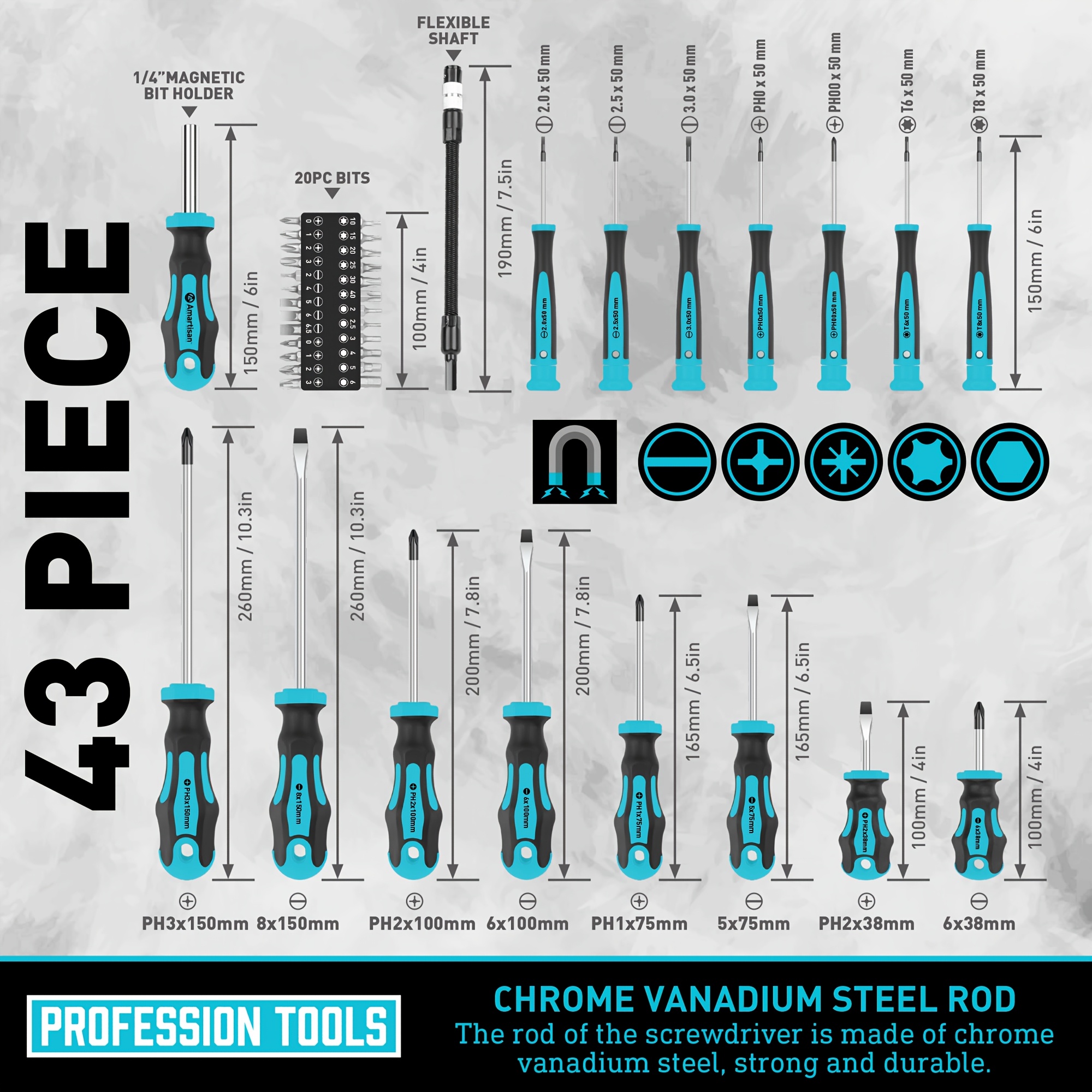 A 43pcs Magnetic Screwdriver Set, Including Slotted, Phillips, Hex, Star, And Precision Screwdrivers, Along with a Demagnetizing Tool (Blue).