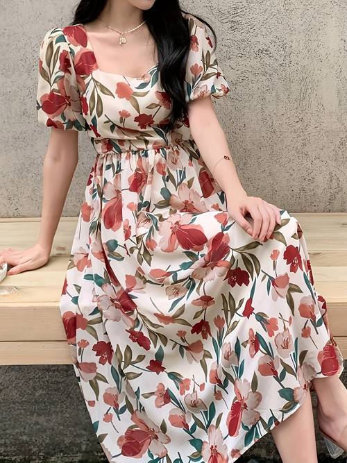 womens elegant floral print puff sleeve dress square neck a line machine washable summer dress with hem floral on white for casual formal occasions floral print dress