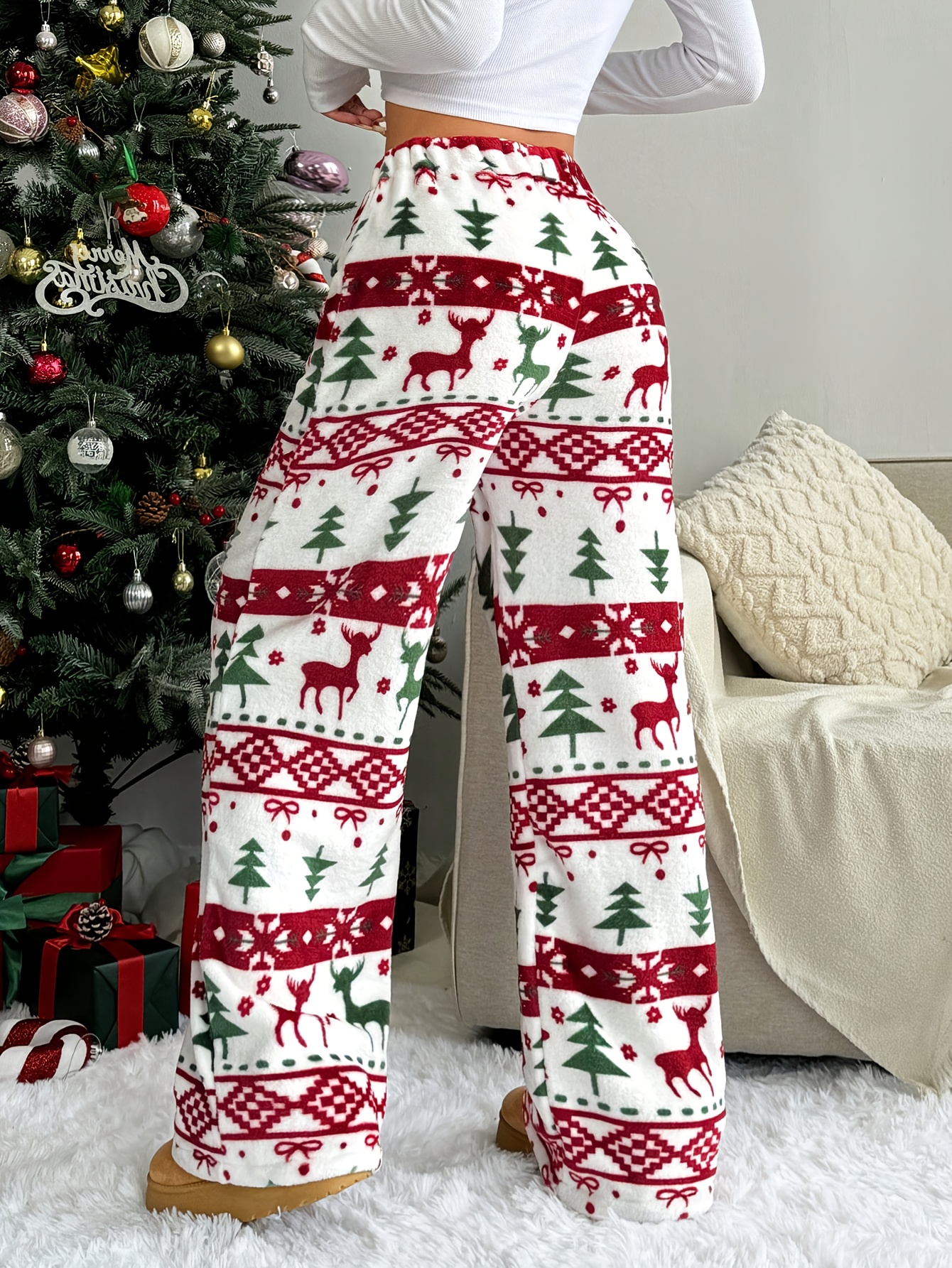 womens christmas plush wide   pants with festive reindeer snowflake print elastic drawstring waist machine washable     for holiday casual wear christmas pants medium   fabric mixed color 2