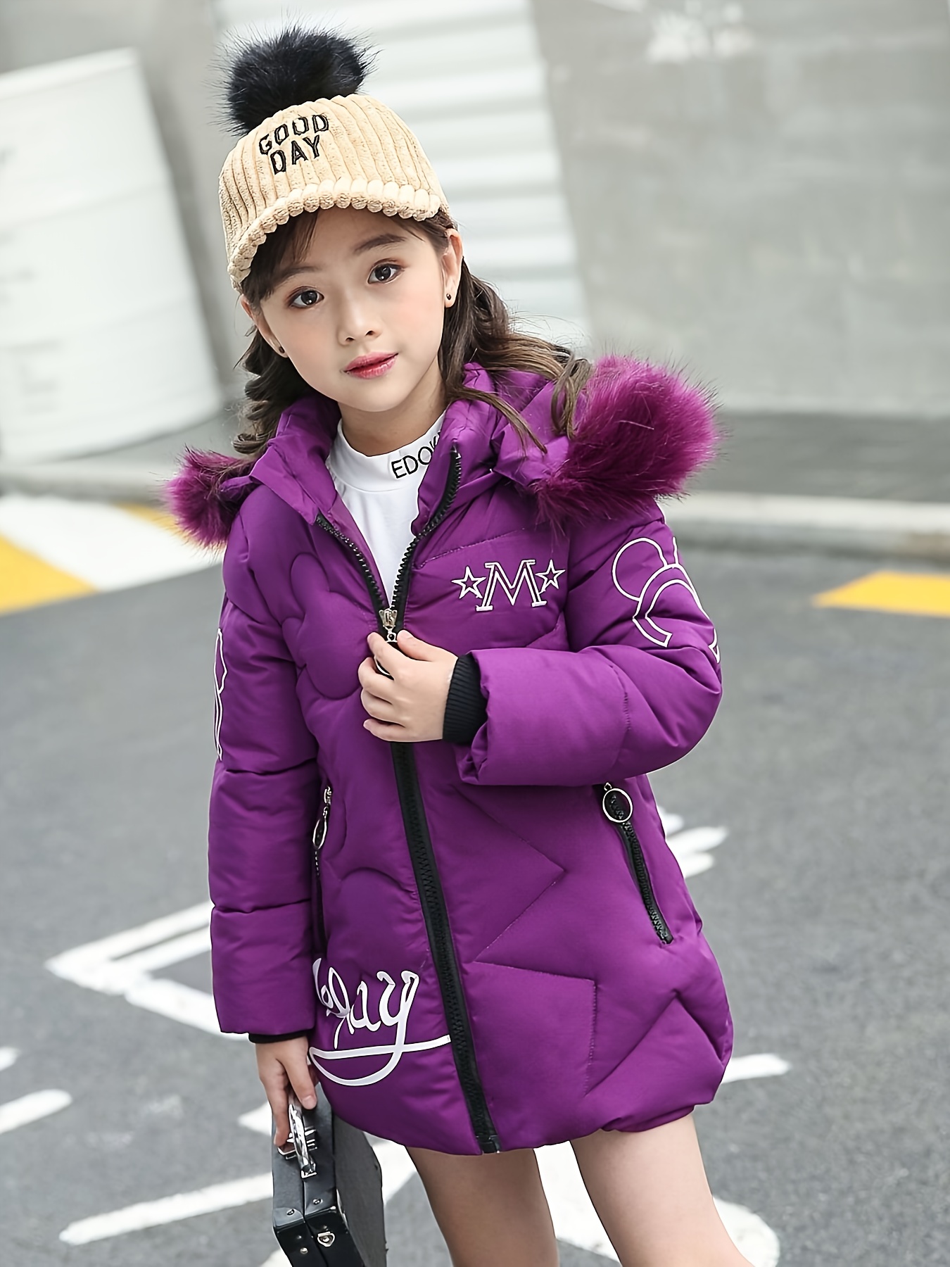 Meisjes Winterjas - Verdikte Halflange Parka met Capuchon, Paars & Cartoon Print, Ritssluiting aan de Voorkant - Machinewasbaar