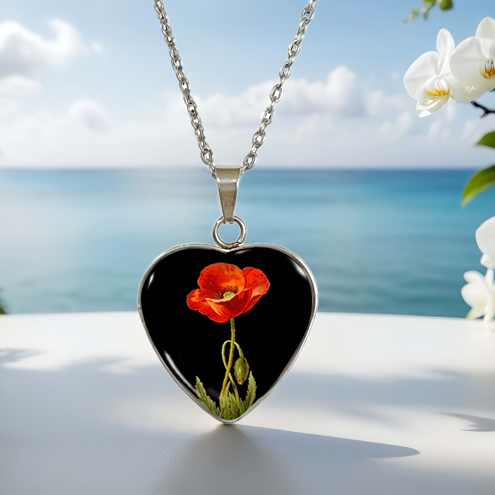 E-shop Vintage Y2K Style Roter Mohnblumen Anhänger Halskette, Elegante Sexy Rote Kunst Design Mode Schmuck
