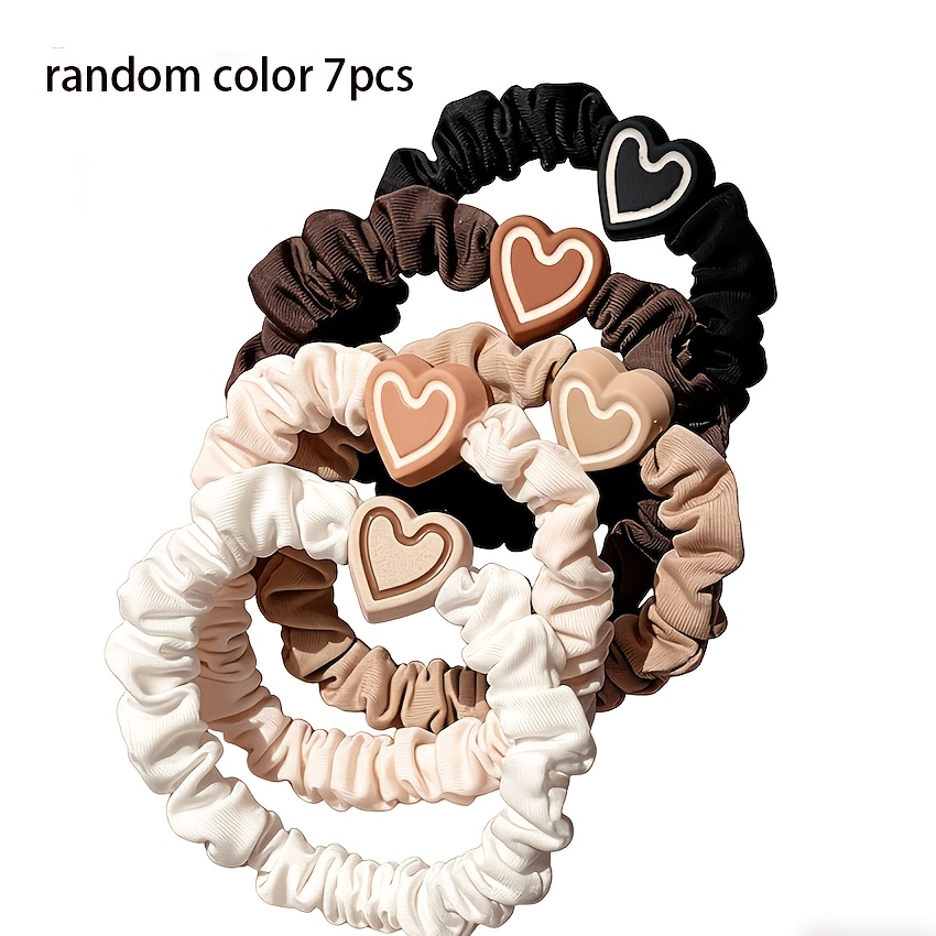 Image of 7pcs Random Color Sweet Heart-shaped Pattern Hair Ties, Women's High-elasticity Hair Bands, Braiding Hair Accessories, Mixed , Cute For Daily Wear, Suitable For Teens Ages 14 And Up
