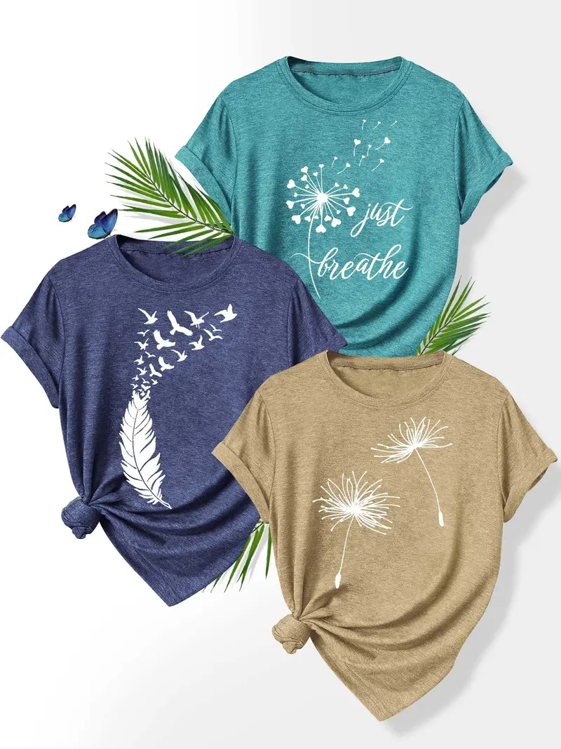 3pcs set floral print t shirts for women dandelion rose and casual summer short sleeve crew neck tees soft polyester blend sizes s xxl casual attire casual summer wear floral print stretchy fabric Product details 5