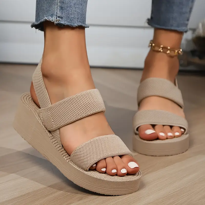 womens solid color wedge heeled sandals casual open toe platform shoes comfortable ankle strap sandals details 2