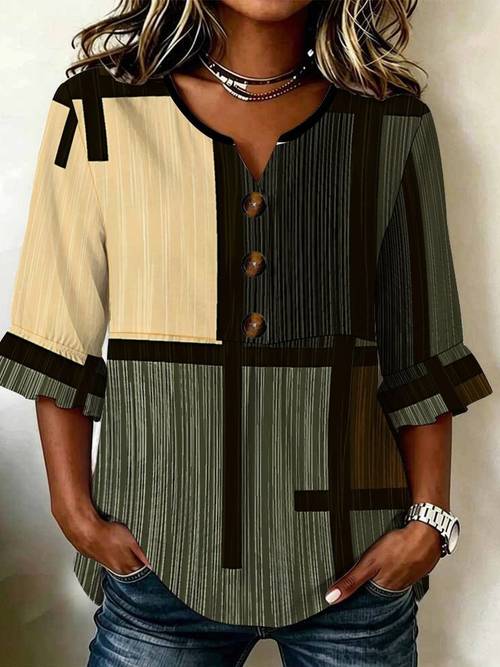 womens fashion blouse with small v neck sleeves and front buttons colorful geometric print elegant staple for ladies