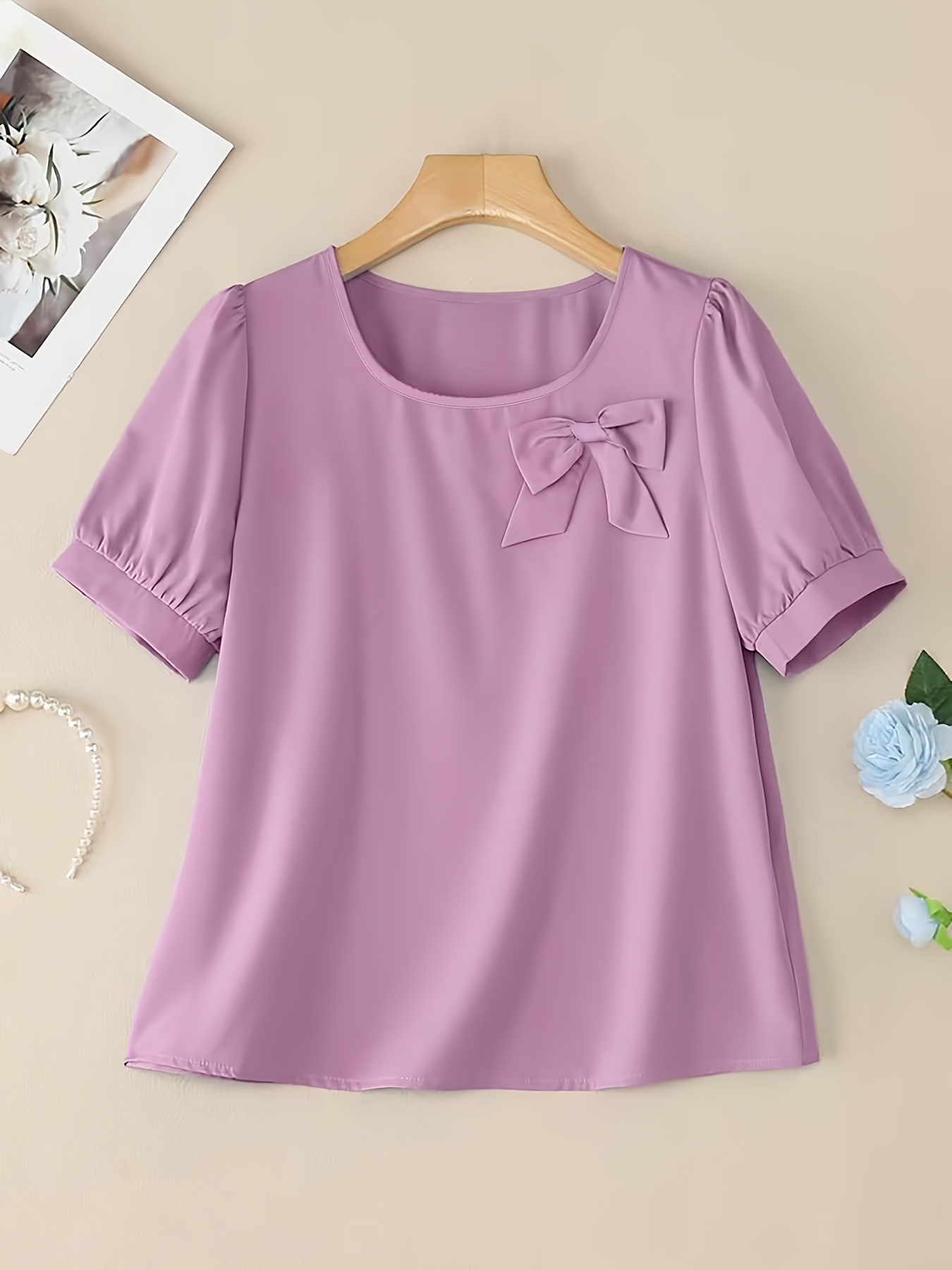 elegant casual square neck short sleeve shirt bow puff - Temu