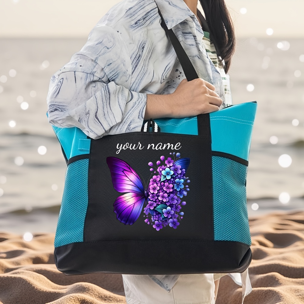 TEMU Purple Pattern, Custom Unique Name, Zipper Closure, Large Capacity Durable Tote Bag, Suitable For Seasonal Decor, Travel, Beach Vacation